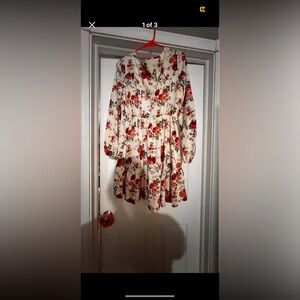 Womens Size Large Lace V Neck Floral Dress Ruffle Long Sleeve Boho Mini Dress